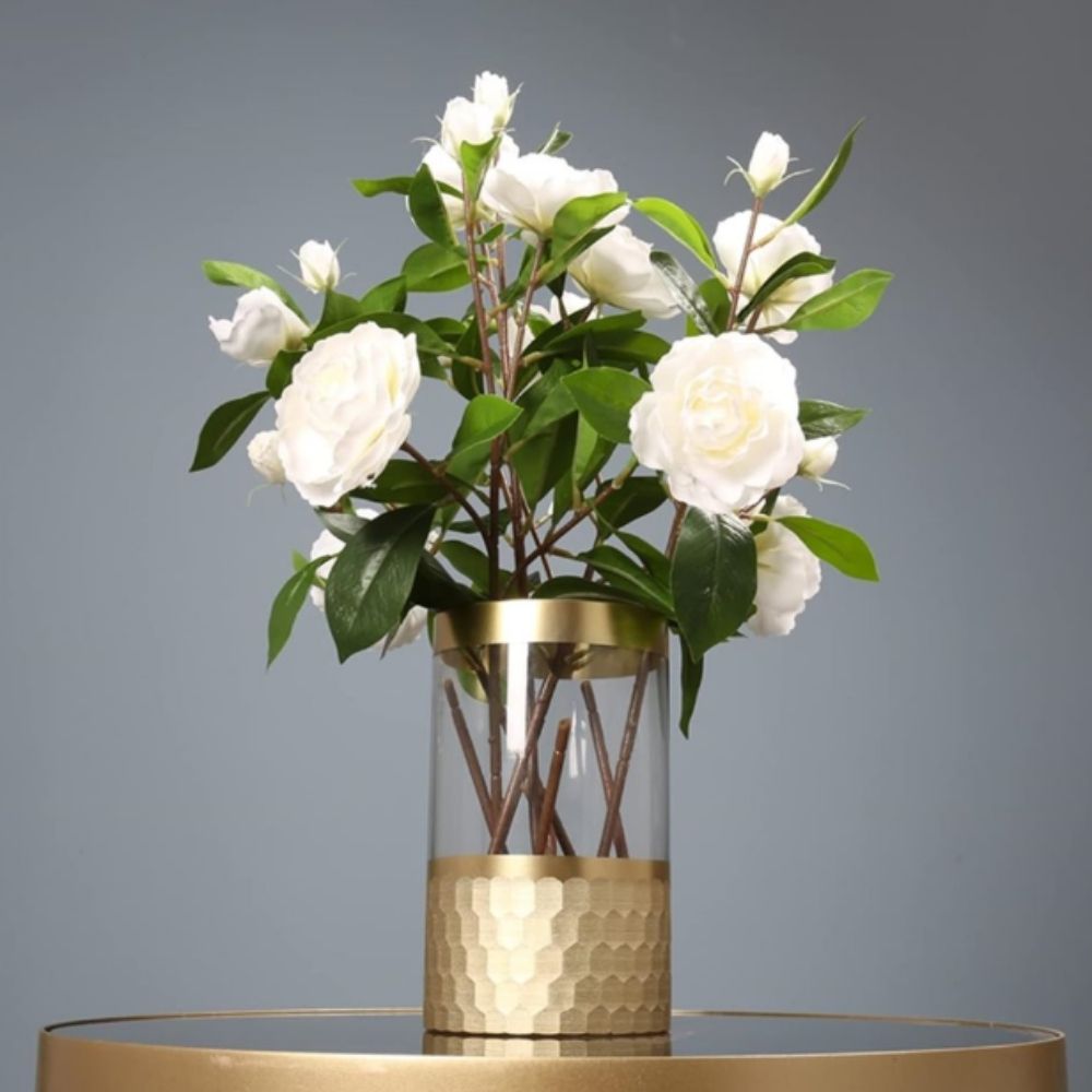 Floreros vidrio, base dorado